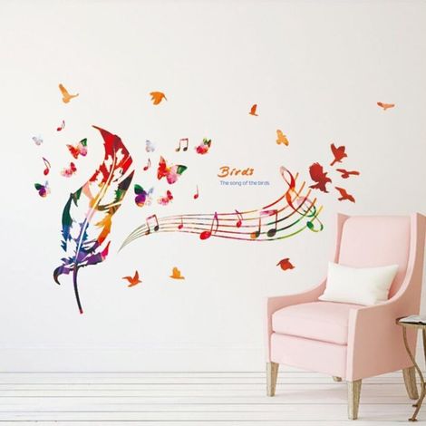 Notas musicales en colores, pegatinas de pared con plumas coloridas, pájaros y mariposas. Decoración adhesiva de vinilo extraíble DIY para el hogar, salón, dormitorio o pared del televisor. (1/5)