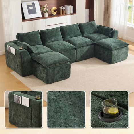 Modulares 4-Sitzer-Sofa (2 Fußhocker), Kissen, Getränkehalter, 2 Seitentaschen, Schaum-/Federkern, schnell rückfedernd. Frei kombinierbar – ideal für Wohnzimmer u.ä.(dunkelgrüner Chenille-Stoff)