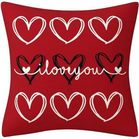 Housse De Coussin - 45 X 45 Cm - Lin - Motif Coeur Rouge - Pour Canapé Ou Fauteuil - Intérieur Et Extérieur - Lot De 1 (1/5)