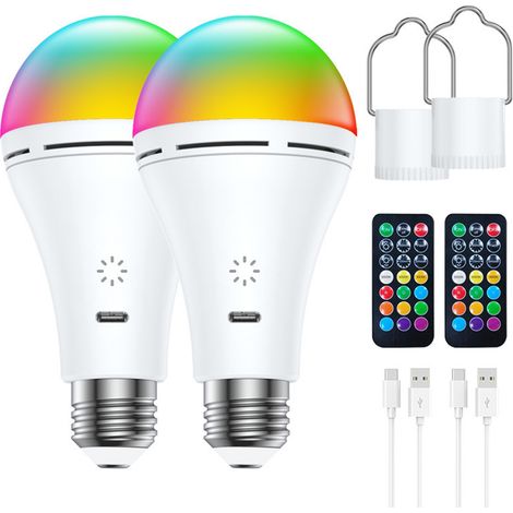 Ampoule rechargeable 9W tactile RGB, couleur chaude, télécommande, minuterie, lampe de bureau/chambre, lampe d'appoint, lampe de secours pour la maison, lot de 2 ampoules RGB 9W (1/5)