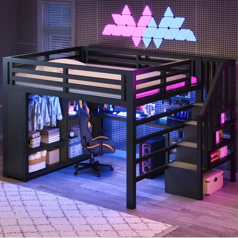 Cama alta para adultos de 140x200 cm con escritorio, iluminación LED, espacio de almacenamiento y armario abierto, para dormitorio, metal - negro (1/5)