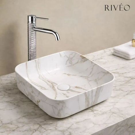 Lavabo à poser carré 39,5 x 39,5 cm effet marbre blanc en céramique avec bonde clic-clac blanche incluse (1/5)