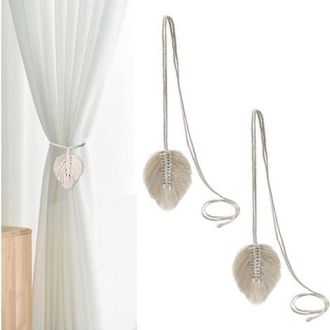 Set di 2 fermatende con foglie in macramè, accessori decorativi boho in cotone per tende, per finestre di casa, bianchi (1/5)