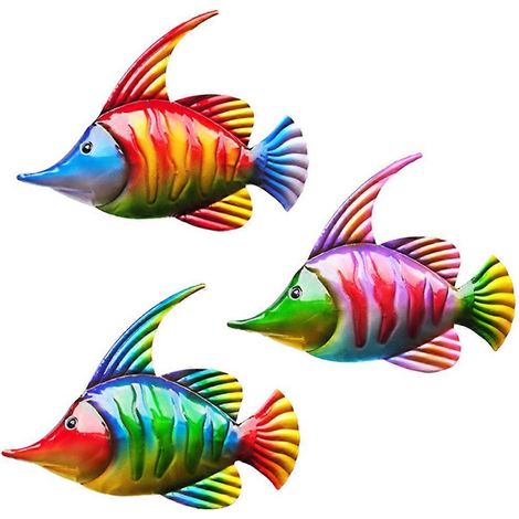 3-teiliges Set Regenbogenfarbene Metallfische Wanddeko Hängende Gartendeko Tropische Meereslebewesen Eisenskulptur Heimkunst Ornament