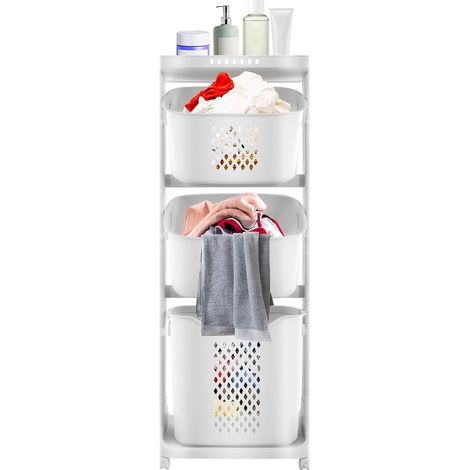 Panier à linge à 3 compartiments - Petit panier à linge avec 4 roulettes et étagère - 43 x 33 x 109 cm - Pour buanderie, salle de bain, chambre à coucher, salon, blanc (1/5)