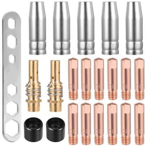 Kit de 22 consommables pour poste à souder MIG/MAG, comprenant : 12 pointes de contact M6 de 0,8 mm, 5 buses de soudage, 2 porte-buses, 2 isolateurs et 1 clé pour torche de soudage (1/5)