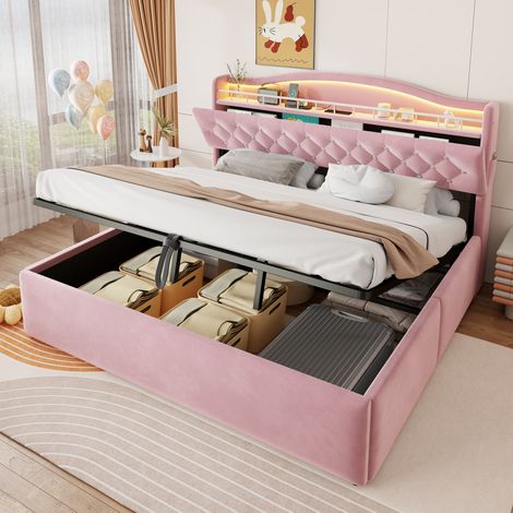 Lit coffre 180x200 USB, rangement tête de lit - Rose HAVRYA (1/5)