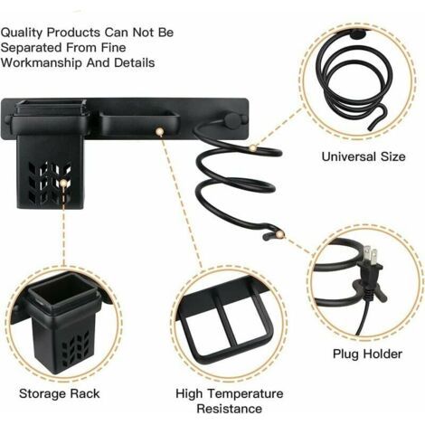 Sèche-Cheveux Salle De Bain Rangement Porte Accessoires Support Organisateur Ensemble Et Lisseur Accessoire Mural Professionnel en Aluminium pour,D'étagère avec Trous pour Argenté Noir (1/4)