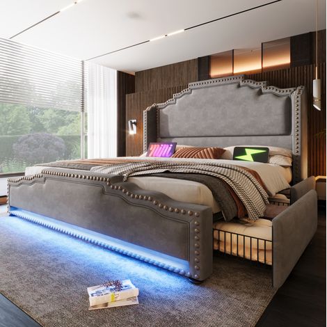 Cama doble vintage 140x200 cm de terciopelo gris con cabecero, 4 cajones, LED, USB-C y somier de láminas (1/5)