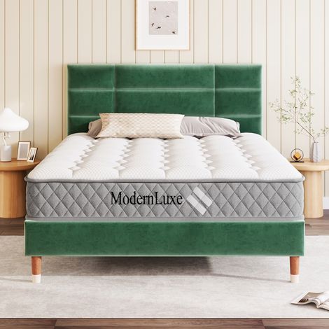 Lit rembourré, lit double avec sommier à lattes, structure de lit rembourrée 140x200 cm avec tête de lit, en velours vert foncé, pour adultes et adolescents (avec matelas) (1/5)