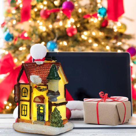 Maisons de village de Noël en résine, illuminées, décorations de Noël pour la maison. Maisons de village enneigées avec lumière LED. (1/5)