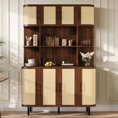 Hochschrank,Sideboard mit Rattan-Front, MDF-Korpus, 8 Türen, schwarzem Griff, Eisenfüßen, Stauraumschrank im modernen Design (1/5)