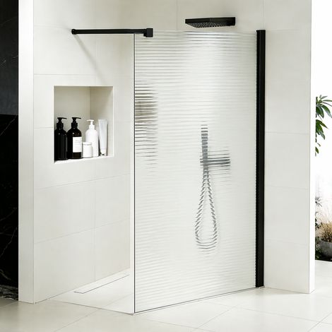Paroi de douche 50x200 en verre ondulé 8mm avec barre de stabilisation 90 cm – Finition en noir mat