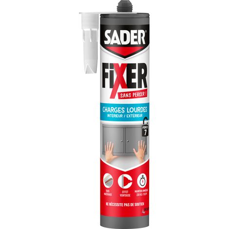 Sader FIXER Sans Percer Charges Lourdes - Mastic Colle pour Tous Matériaux, Maintien Immédiat Ultra Puissant, Usage Intérieur / Extérieur, Cartouche 460g (1/3)