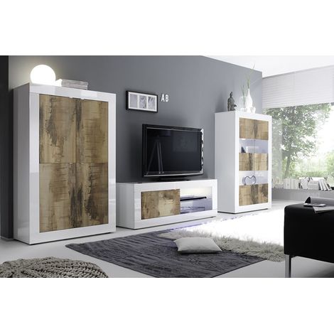 OTELLO - Ensemble Salon Finition Blanc Laqué et Aspect Bois Antik avec Leds (1/5)