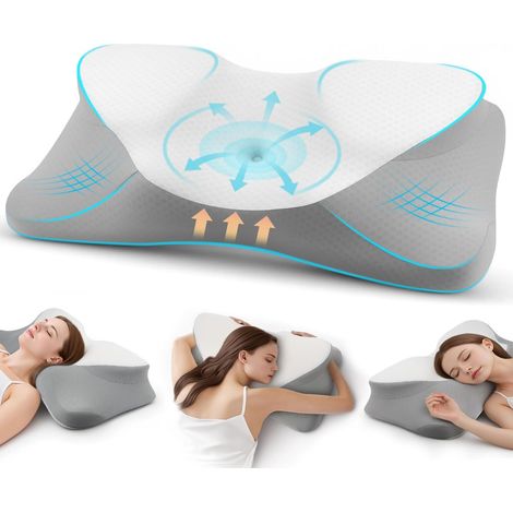 Oreiller Ergonomique Cervical en Mousse à Mémoire de Forme - Coussin Orthopédique pour Dormeurs sur Le Côté, Le Dos et Le Ventre, Housse Respirante et Lavable, 66 x 36 x 11,5/9,5 cm, Gris (1/5)