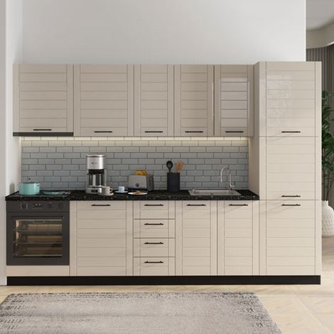 Küchenschrank Hallst, Küchenmöbel 6 Regale, Flügeltüren, 3 Türen, 60x58x214h cm Cremeweiß (1/5)