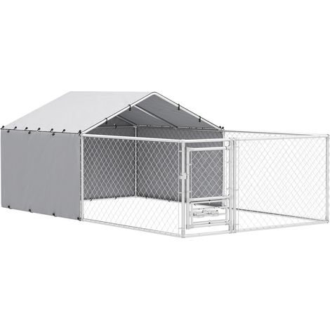 Recinto per Cani Taglia Media e Grande fino a 3 kg 400x230x150 cm Porta Ciotole Girevole Argento (1/5)