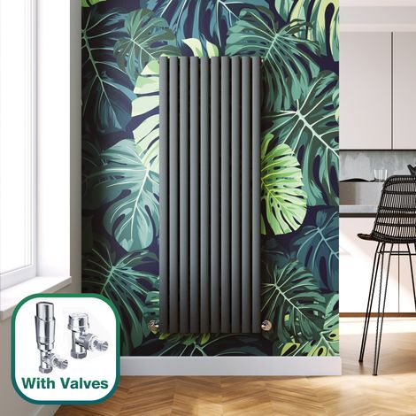 ELEGANT 1600 x 590 mm Anthracite Vertical Column Radiator Double Oval Panel Designer Bathroom Radiator + Chrome Thermostatic Radiator Valves (1/5)