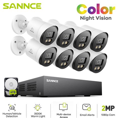 SANNCE 1080P TVI Bullet Color Night Vision CCTV Camera Kit TVI Bullet,Wired Security Camera,8PCS 4TB (1/5)