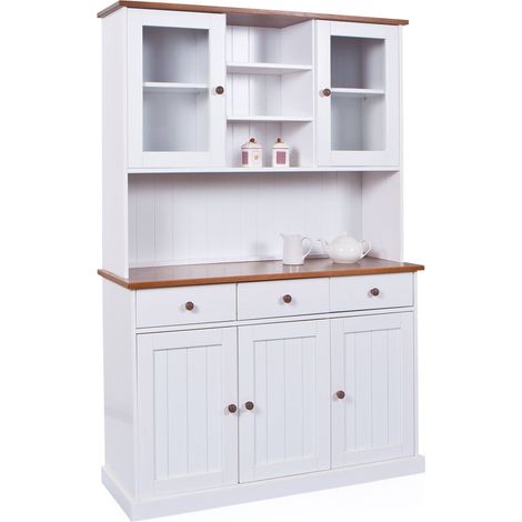 Dmora Buffet avec trois portes et trois tiroirs avec vitrine supérieure, blanc avec détails marron, 131 x 181 x 45 cm (1/4)