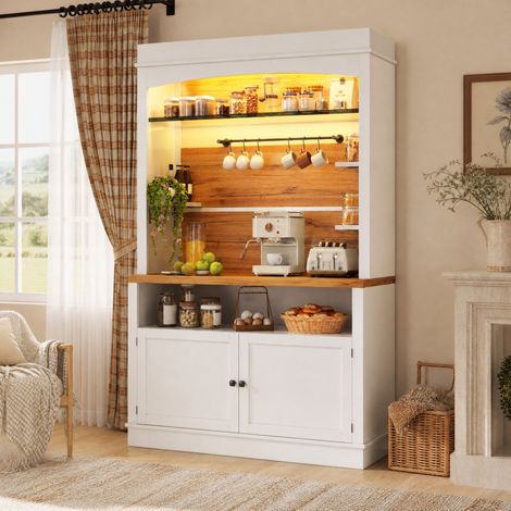 Buffet haut lot de 2 avec LED, 184 cm, étagère en verre et barre de crochets, blanc DESVIAE (1/4)