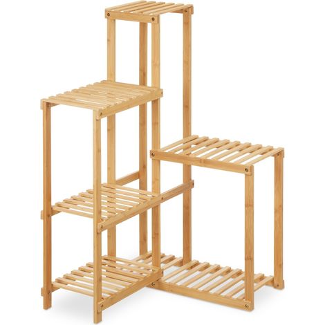 Étagère d'angle à plantes moderne 6 emplacements pour salon chambre touche naturelle en bambou beige (1/5)