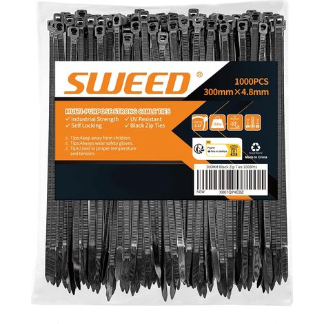 Serre Cable Noir 300x4,8mm, 1000PCS Collier de Serrage Noir Durable, Serflex Résistants aux UV, Collier Rilsan Robuste Résistance à La Traction De 22kg, Usage en L'Intérieur Et L'Extérieur (1/5)