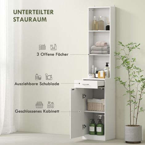 Armoire de toilette haute étroite avec tiroir et étagères, meuble de rangement en panneaux de particules blanc