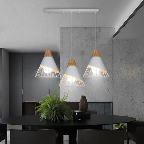 – Suspension luminaire industrielle 3 lumières – Abat-jour en fer et bois – Douille E27 – Longueur 50 cm – Pour espaces modernes et rétro (1/5)