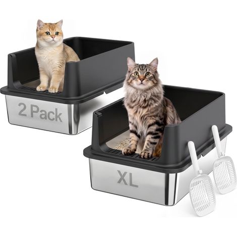 2er-Set Katzenklo Edelstahl XL mit Hohem Rand Deckel 60x40x30cm (1/5)