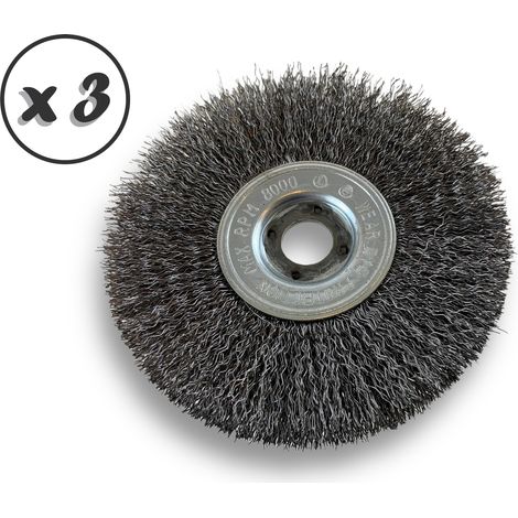 Lot de 3 brosses circulaires ACIER Ø 125 mm Epaisseur 1 rang Fil dur 0.30 mm ondulé Alésage 16 mm Touret meuleuse affûteuse ponceuse Brossage décapage polissage Kibros 214126ATx3 (1/5)