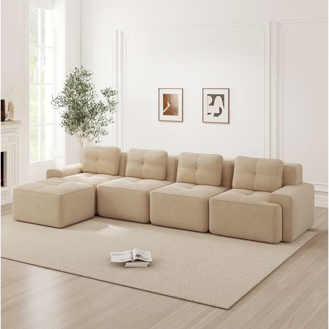REDOM - Divano modulare 4 posti, seduta profonda, comfort nuvola, base antiscivolo, corduroy beige (1/5)