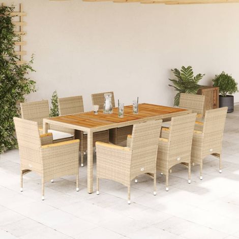 Vidaxl – Ensemble table et chaise de jardin 9pcs – Résine tressée beige – Table en bois d'acacia 190x90cm – Coussins épais confortables (1/5)