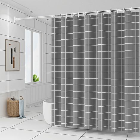 Rideau de Douche Séchage Rapide, Rideau de Douche Tissu Polyester Imperméable Lavable en Machine,avec 12 Crochets, Gris Plaid