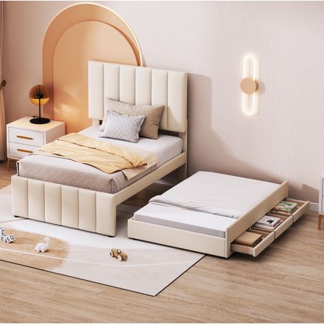 MEUBLIV Bett 90x200 cm Beige – mit ausziehbarem Bett und Schubladen, ohne Matratze (1/5)