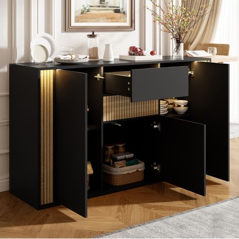 Aparador con 3 puertas, 1 cajón y LED regulable, 140x40x82 cm, negro y natural OKMYHOME (1/5)