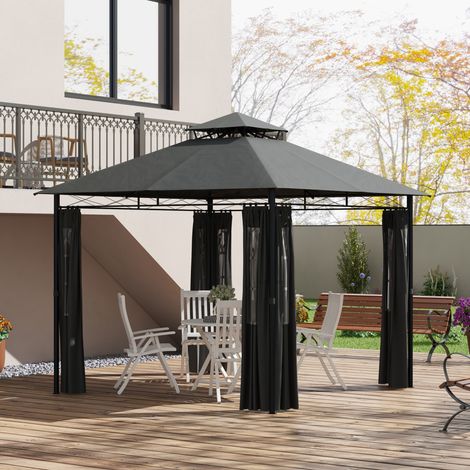 Pavillon de jardin 3x3 m avec double toit et parois latérales amovibles, tonnelle extérieure en métal gris foncé pour terrasse, patio et repas  CHICFURN (1/5)