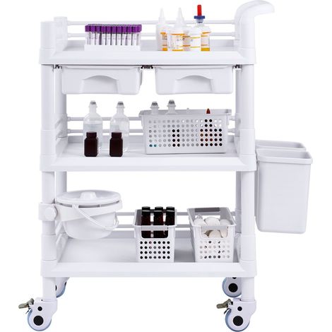 Chariot de laboratoire 3 niveaux, chariot utilitaire mobile avec 3 plateaux et 4 roues silencieuses, chariot médical roulant en PP avec 3 poubelles pour labo, clinique, hôpital, salon, blanc (1/5)