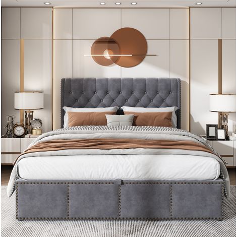 lit adulte coffre rangement 140x190 velours gris double OKMYHOME (1/5)