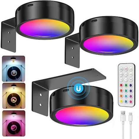 Lot de 3 appliques murales d'intérieur - Cadre photo lumineux LED sans fil - Rechargeable par USB - Télécommande - Éclairage mural - Fonctionne sur piles - Projecteur - Idéal pour tableaux, affiches, (1/4)