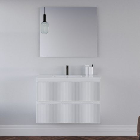 Meuble de salle de bain 80cm avec plan simple vasque - 2 tiroirs - blanc - RIBERA (1/5)