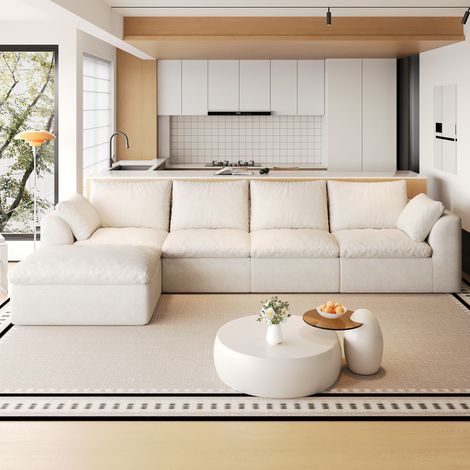 Canapé d’angle modulable 5 places 310x155 cm, canapé nuage en tissu lin blanc beige, mousse haute élasticité compressée, assise profonde, sans montage (1/5)
