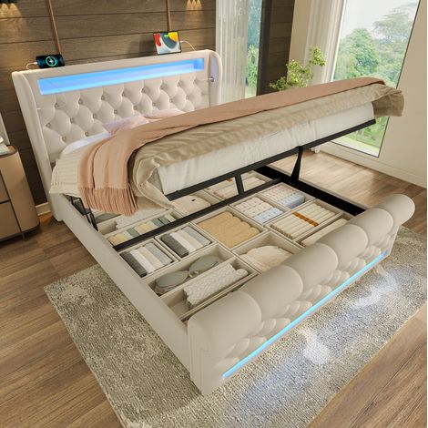 Letto imbottito 140x190 cm beige in velluto con LED e contenitore, senza materasso – MEUBLIV (1/5)