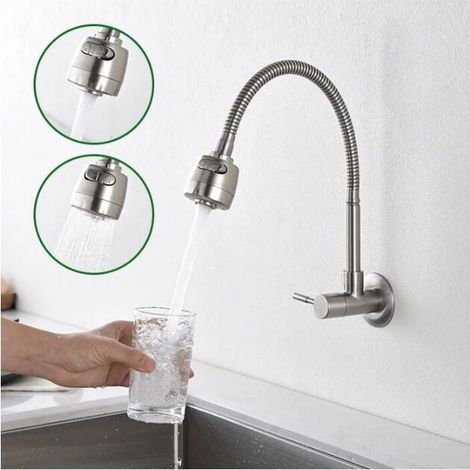 Robinet d'eau froide mural avec ressort en mousse à mémoire de forme, mitigeur d'évier monocommande en acier inoxydable brossé, 2 jets (1/4)
