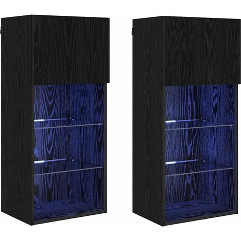 Lot de 2 meubles TV muraux modernes 40,5 x 30 x 90 cm design minimaliste avec étagères et éclairage LED en bois d'ingénierie noir