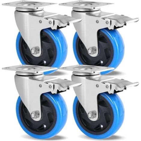 Lot de 4 Roulettes Pivotantes, Roulettes 100mm pour Meubles, Jusqu'à 600KG, Roulettes Charge Lourde avec Frein, Rotation à 360°, Roulettes Caoutchouc, sans Traces au Sol