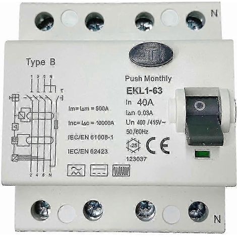 Disjoncteur différentiel type B 40 A 30 mA 10 kA 4P - EKL1-63 (1/4)