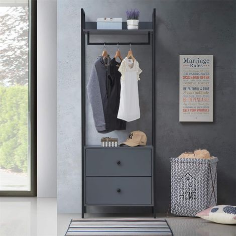 Open Wardrobe With 2 Drawers & Shelves with Metal Outer Frame – Dark Grey (1/5)