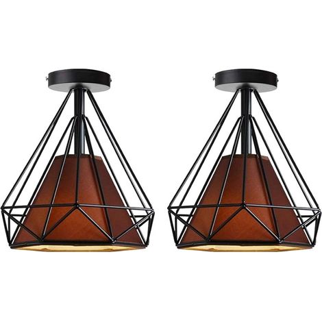 Lot de 2 Plafonnier Industrielle en Métal Vintage Lampe de Plafond Abat-jour Noir en Forme de Diamant avec Tissu Rétro Suspension Cage Luminaire E27 pour Chambre Salon Restaurant, 25CM, Marron (1/5)
